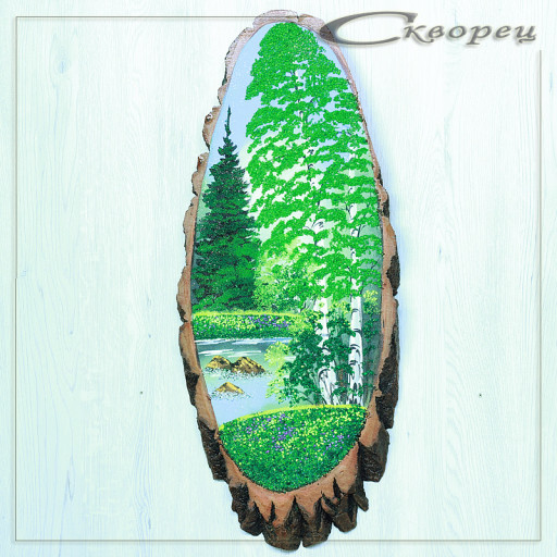 14160931 - Картина на спиле дерева русские березы 60 см лето