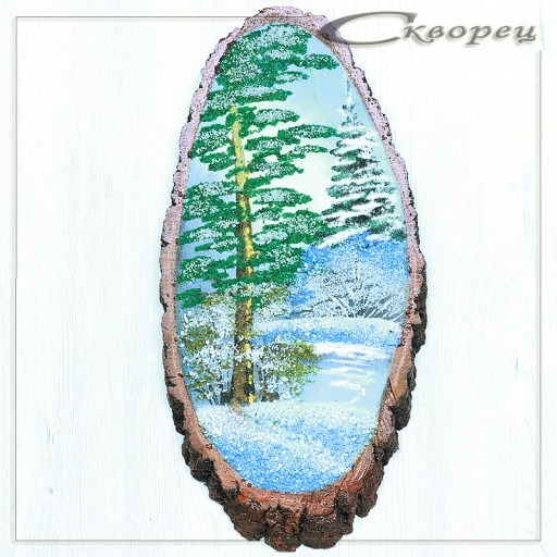 14161002 - Картина на спиле дерева вековые сосны 65 см зима