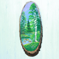 14160933 - Картина на спиле дерева одинокая береза 60 см лето