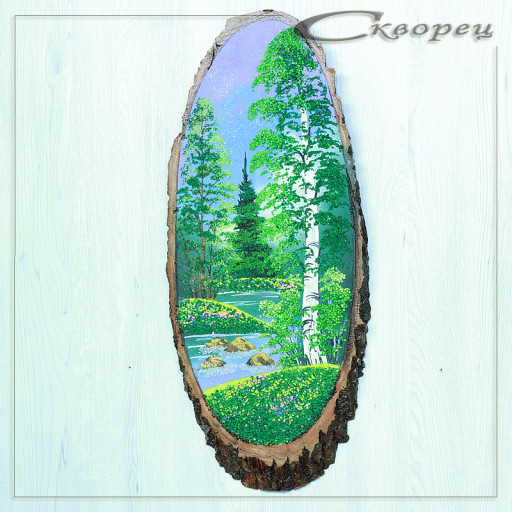 14160933 - Картина на спиле дерева одинокая береза 60 см лето